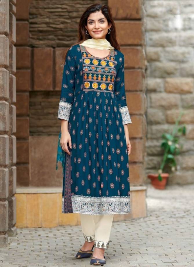 Blue Colour Rangjyot Rang Manch New Latest Ethnic Wear Rayon Kurti With Pant And Dupatta Collection 1004